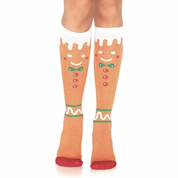Gingerbread Man Socks Womens One Size Festive Holiday Hosiery - Picture 3 of 6